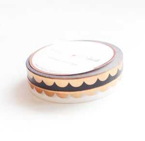 PERFORATED WASHI TAPE 6mm set of 2 - black & white SCALLOP + ROSE GOLD foil