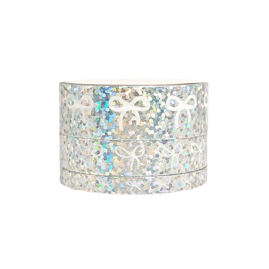 Silver Holographic Bubble Bow washi set of 3 (15/10/5mm + silver holographic bubble foil + white bow)