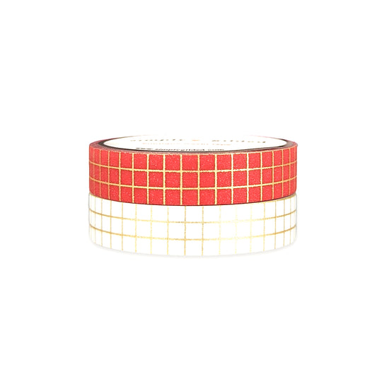Valentine's Glitter Grid washi set of 2 (10mm + light gold foil)