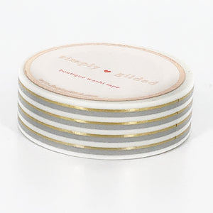 WASHI 15mm - RIBBON Spool GREY and White stripes + light gold foil