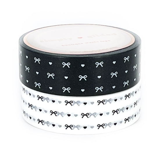 WASHI 15mm - Black and White HEART & BOW - YOU PICK colorway