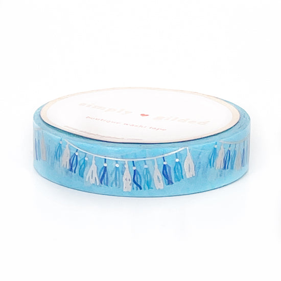 WASHI 10mm - Birthday TASSELS BLUE + silver holographic foil (restock)