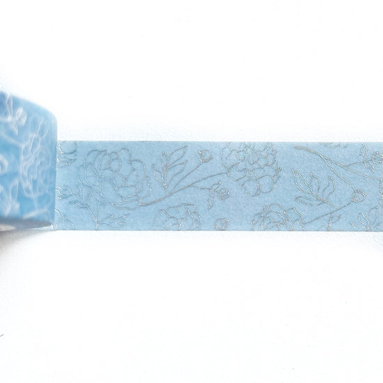 WASHI 15mm - BLUE Minimal Line PEONIES Outline + silver foil