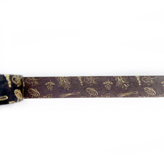 WASHI 15mm - Black Minimal Lines Herb Outline + light gold foil