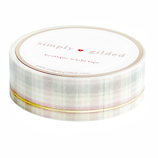 WASHI 15mm - Soft Cream & Blush Pink Plaid Simple Line + light gold foil (Cozy Plaid)